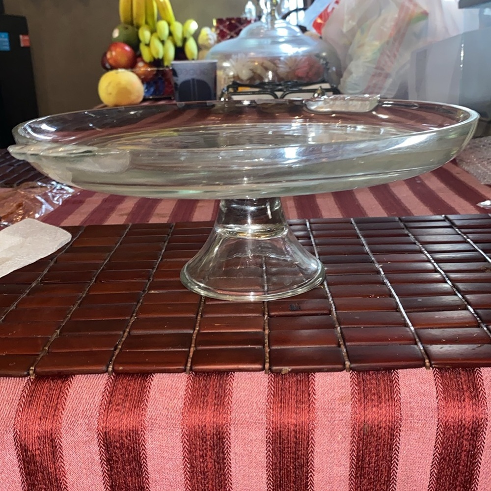 Round Glass Orchid Serving Cake Platter Etched 12" Ear Handle & Cloche 11" Dome - Picture 3 of 5
